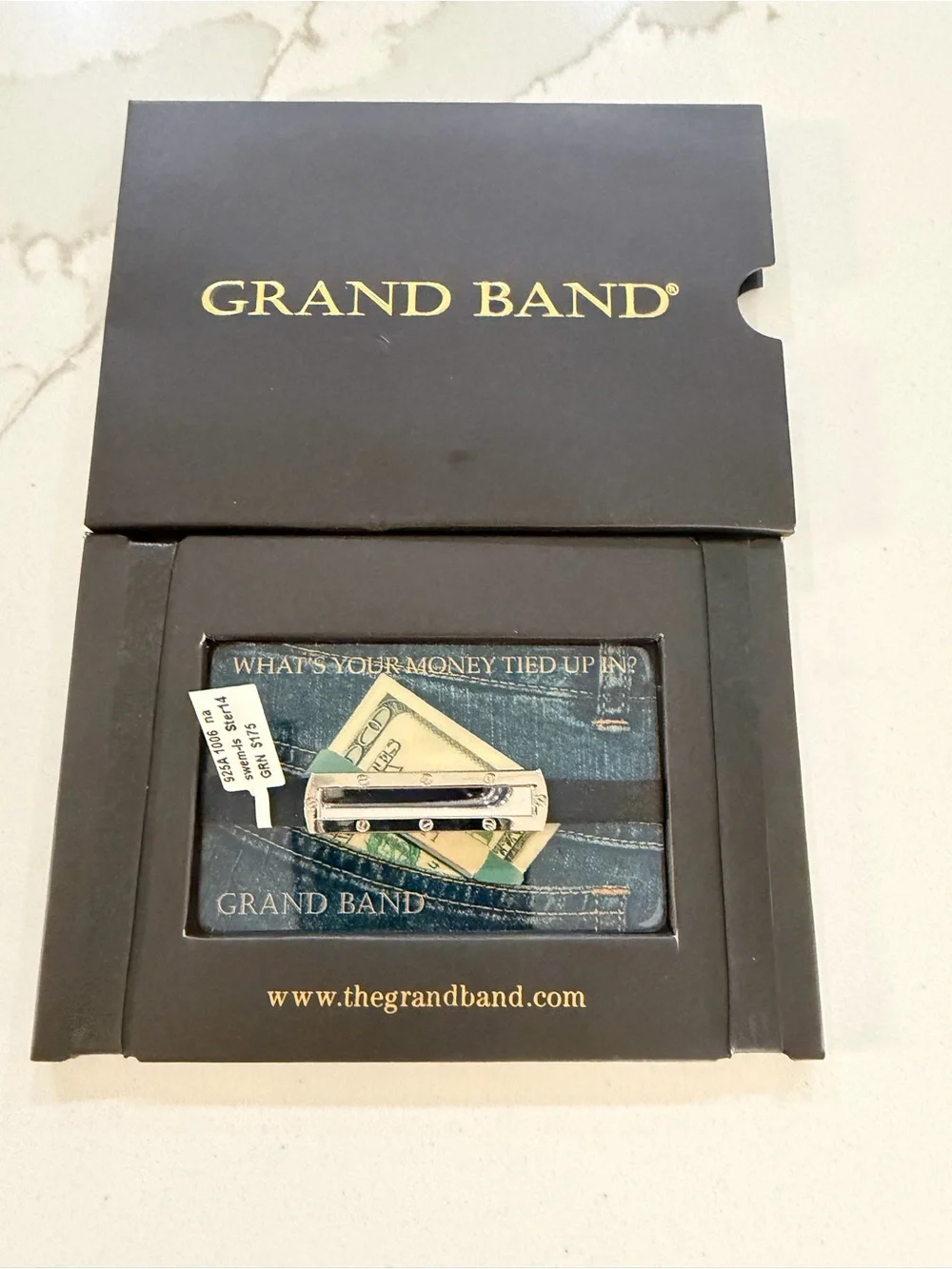 Grand Band Sterling Silver 925 Money Clip Wallet with Black strap